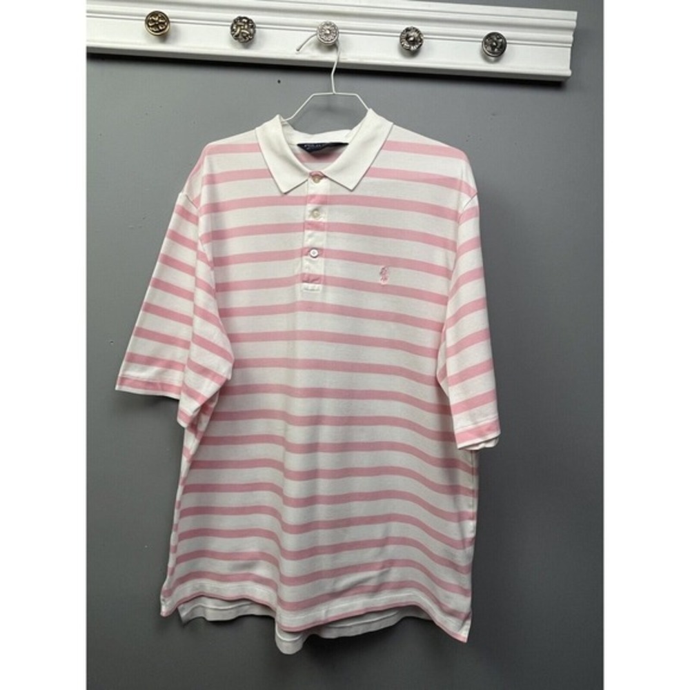 Polo Golf Ralph Lauren Shirt Mens Large‎ Pima Cotton Pink White Stripe Preppy
